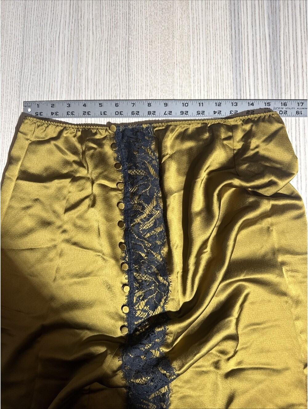 Victoria’s Secret Satin Gold Bronze Midi Slip Skirt Black Lace Button Trim X - Picture 9 of 12